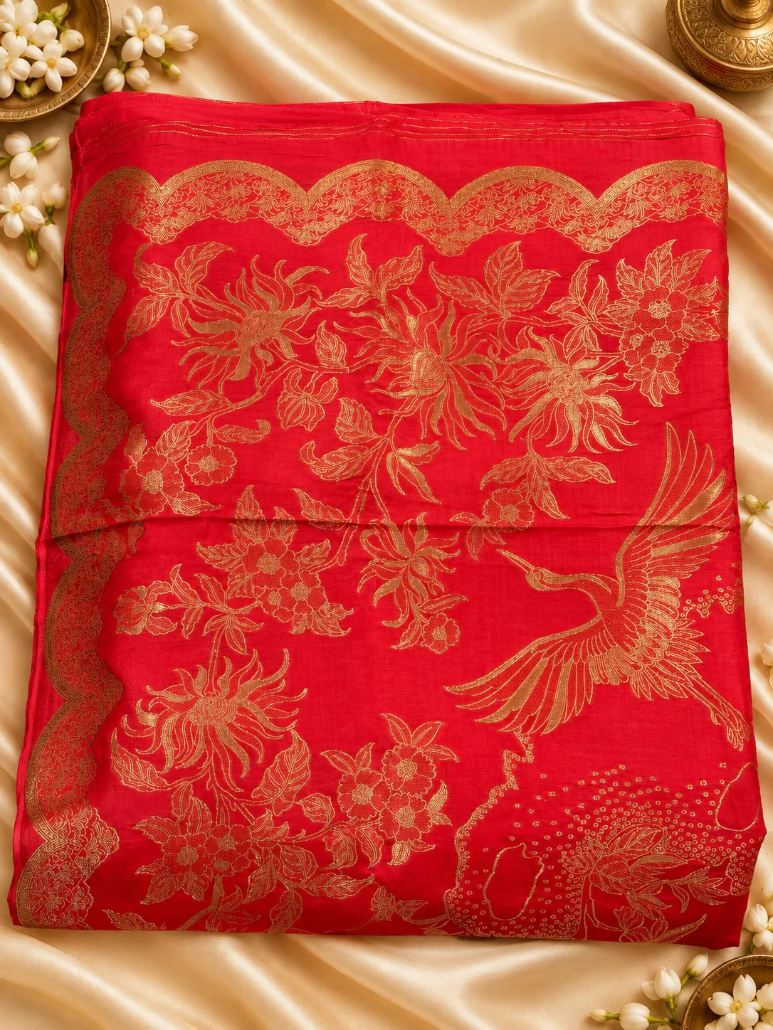 Red Patu with Skylap Border Saree, folded, with gold florals and scalloped border