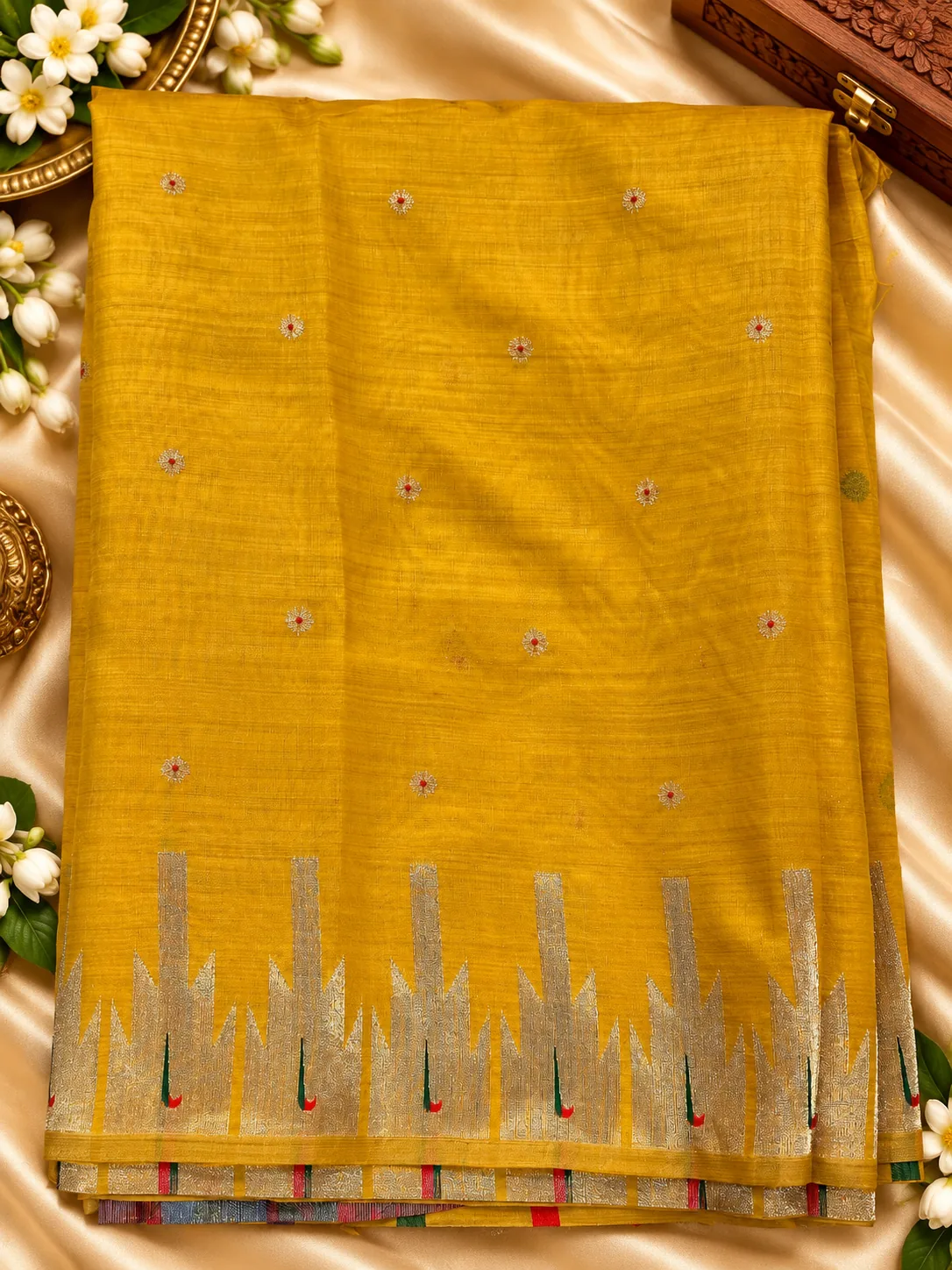 Mustard Jamdani Temple Border Saree, folded, with woven butis and temple border
