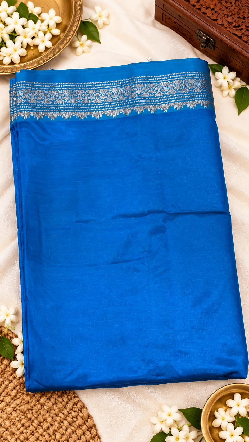 Cobalt blue Mangalagiri Silk Saree, folded, with silver zari border