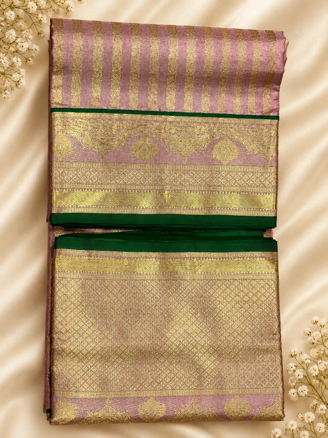 Venkatagiri Pattu with Tissue – Baby Pink & Green — pink and gold pallu with green border