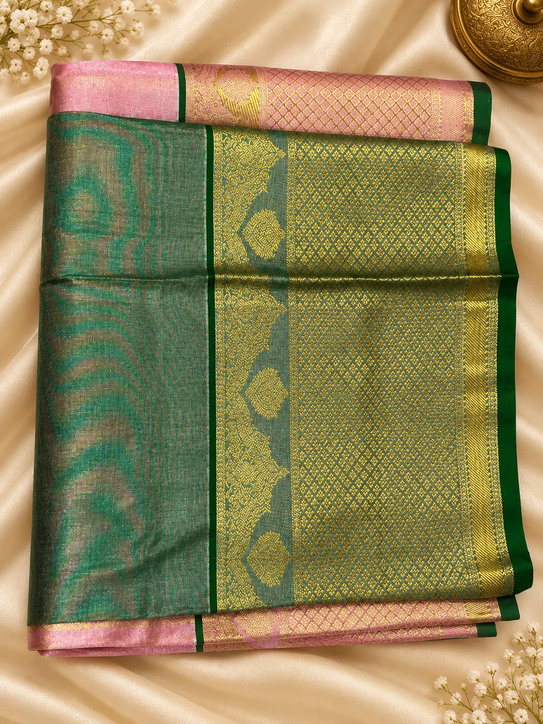 Venkatagiri Pattu with Tissue – Baby Pink & Green — green saree with gold jaal and pink border, folded