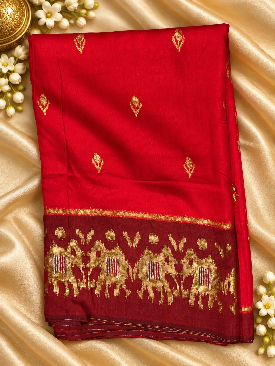 Red Silk Saree, folded, with gold butis and maroon elephant border