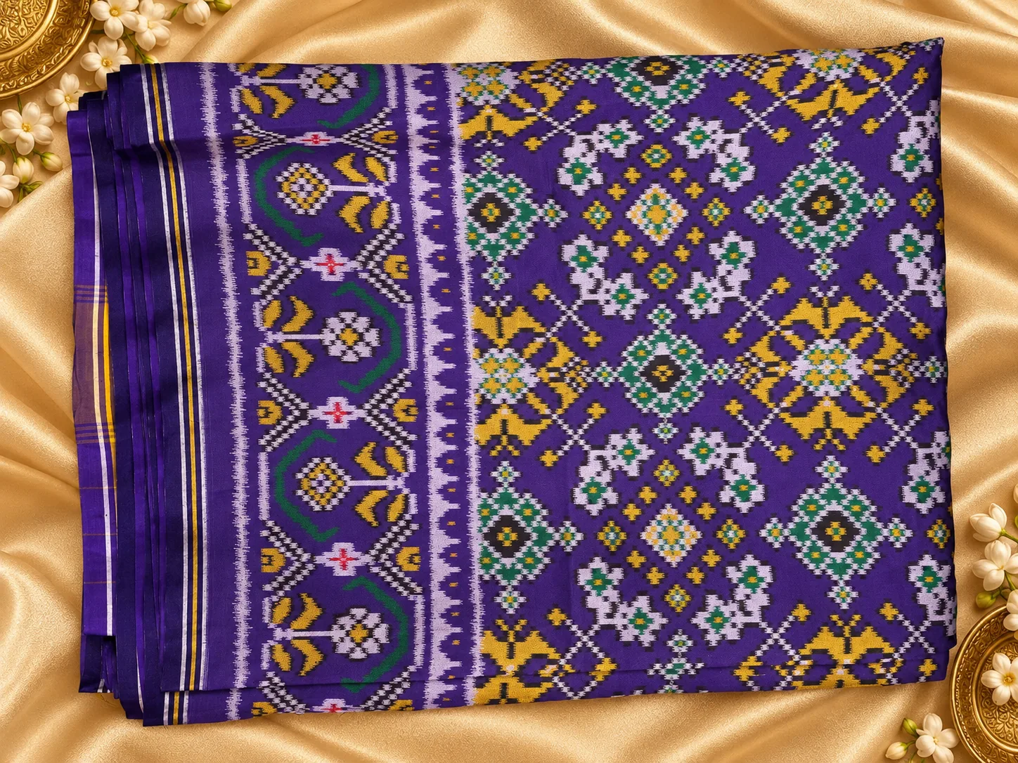 Purple Patola Saree, folded, with all-over geometric flower grid