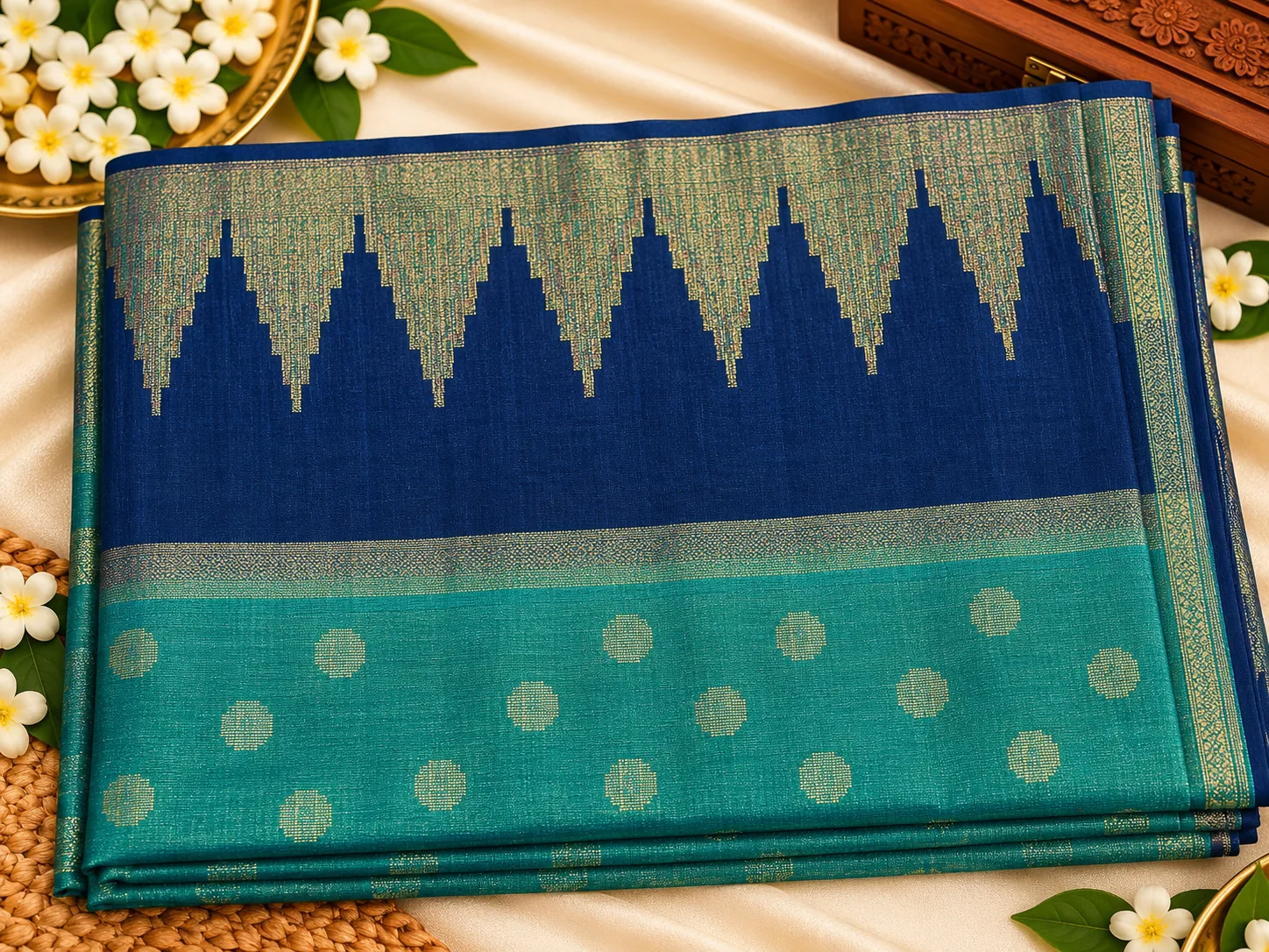 Navy blue Tasar Tissue saree, folded, with gold temple border and teal butis