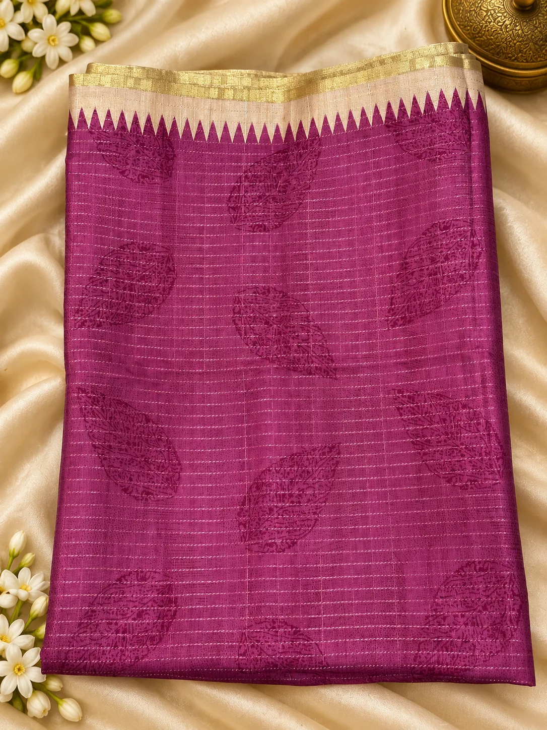 Raw Tusser – Magenta — magenta saree with woven butis and temple border, folded