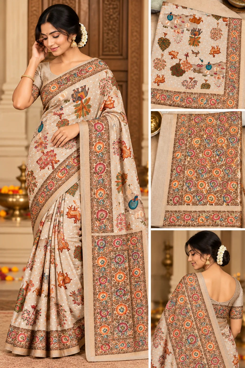 AI-generated model wearing the Rataser with Bandhani Jungle Weaving saree, with close-ups of the body, pallu and back
