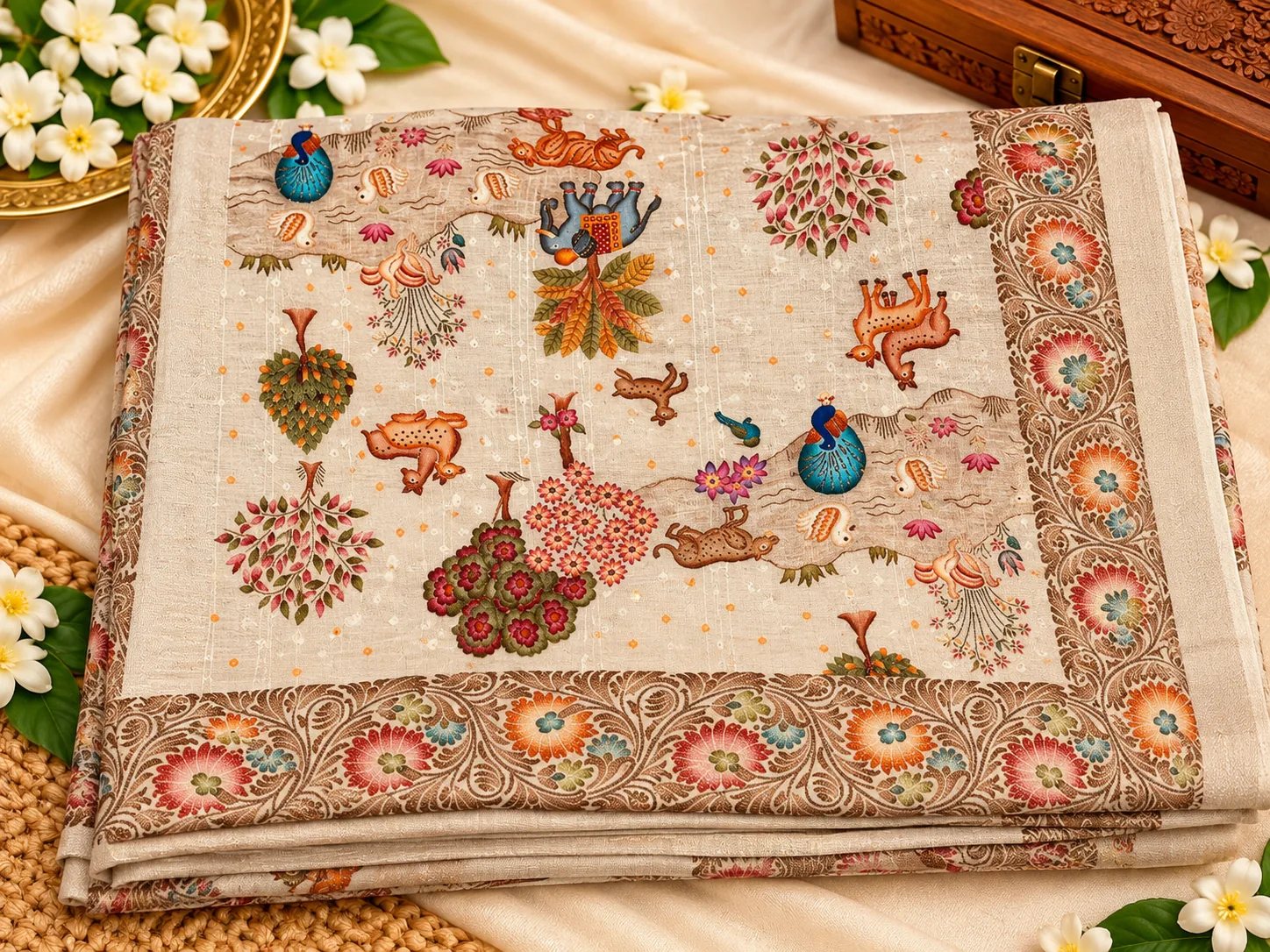 Ivory Rataser with Bandhani Jungle Weaving saree, folded, with peacocks, deer and trees