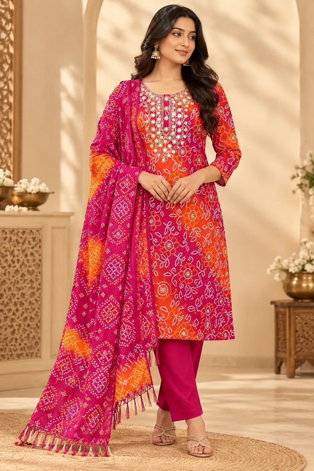 Pink Bandhani — AI-generated model wearing the pink and orange bandhani kurta set
