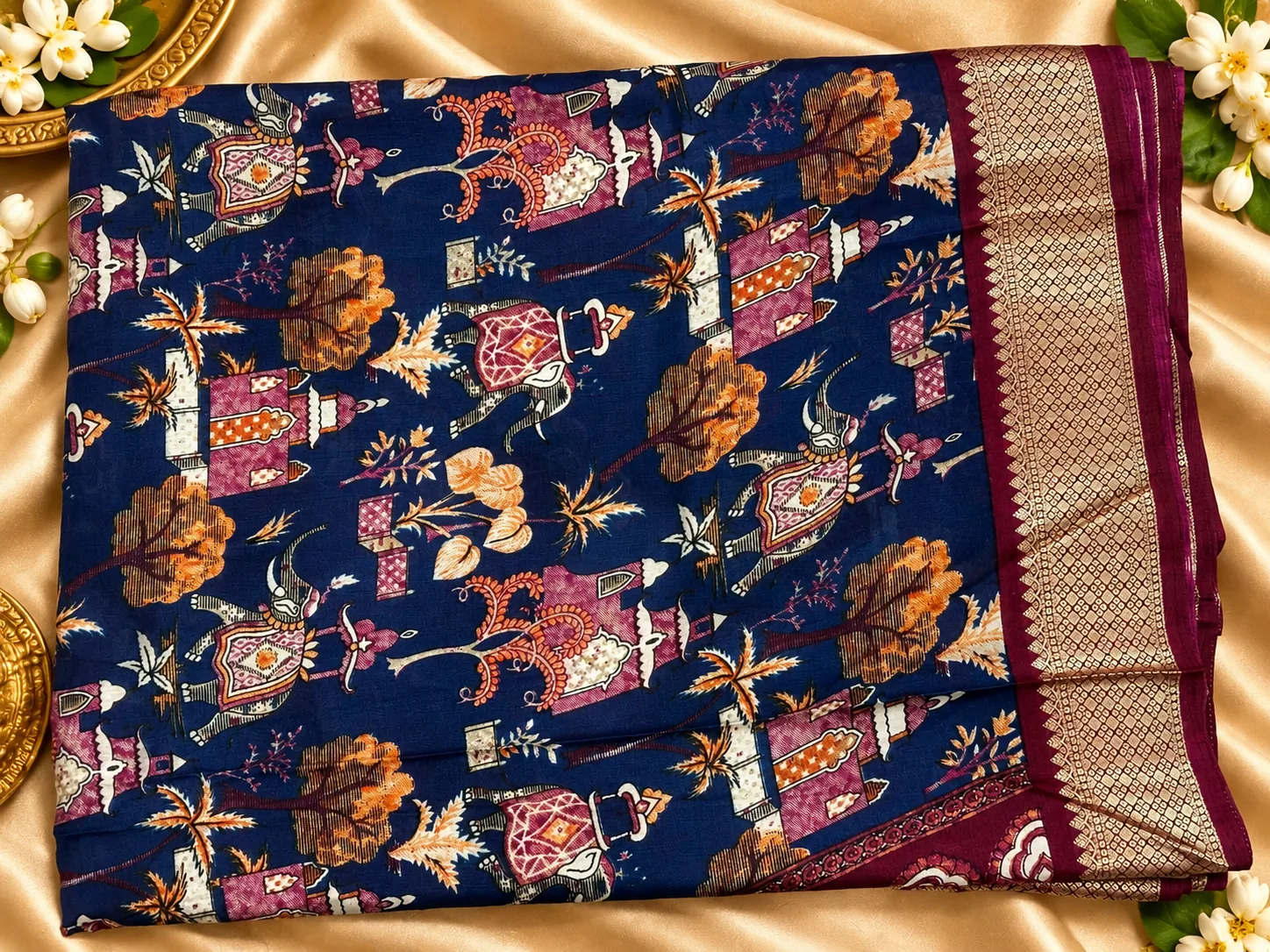 Navy Fancy Saree with floral and vase print and maroon zari border