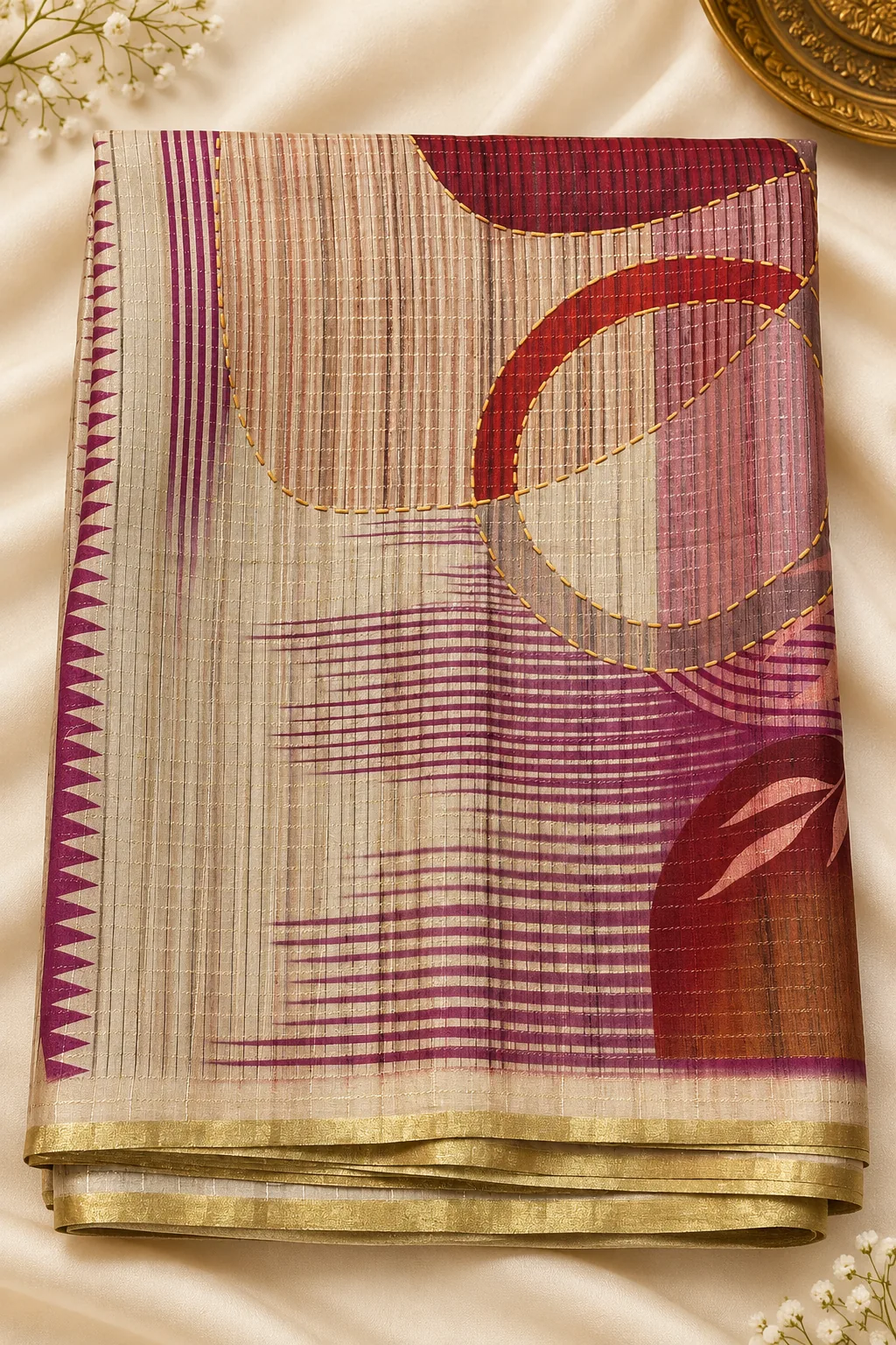 Raw Tusser – Beige & Pink — beige saree with abstract pink print and gold border, folded