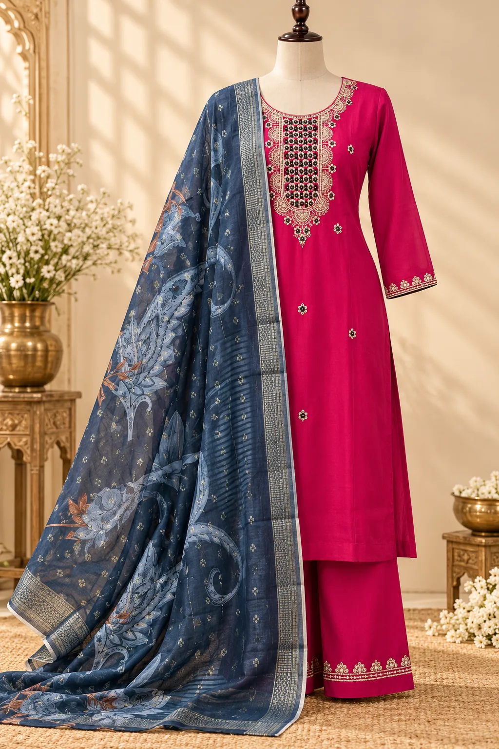 Pink & Blue Silk — pink embroidered kurta with blue printed dupatta on a mannequin