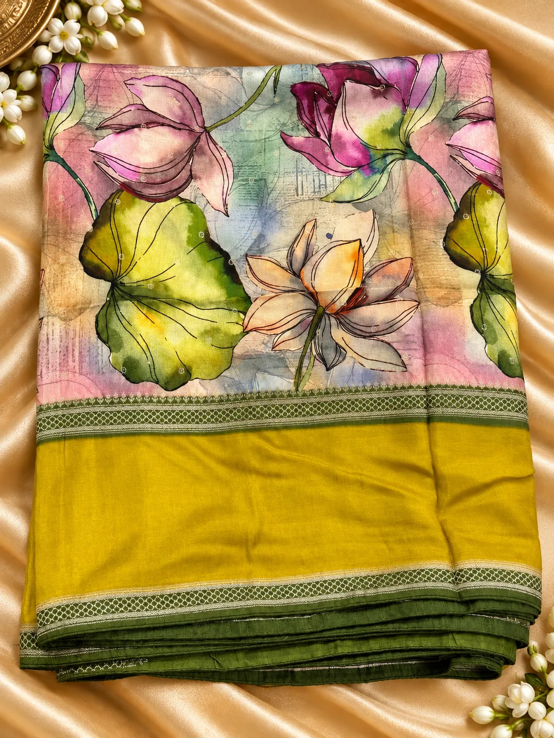 Mustard Viscose Silk Saree with watercolour lotus print
