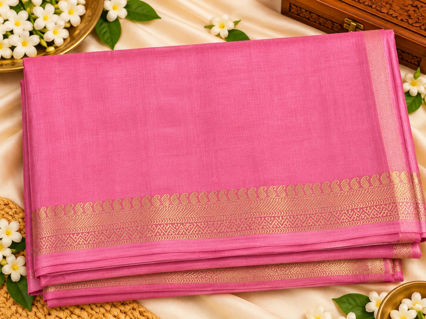 Rose pink Pure Silk saree, folded, with gold zari border