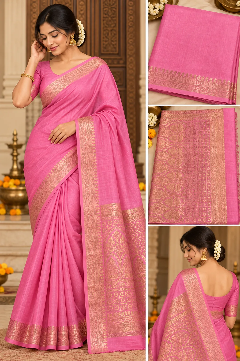 AI-generated model wearing the rose pink Pure Silk saree, with close-ups of the body, pallu and back