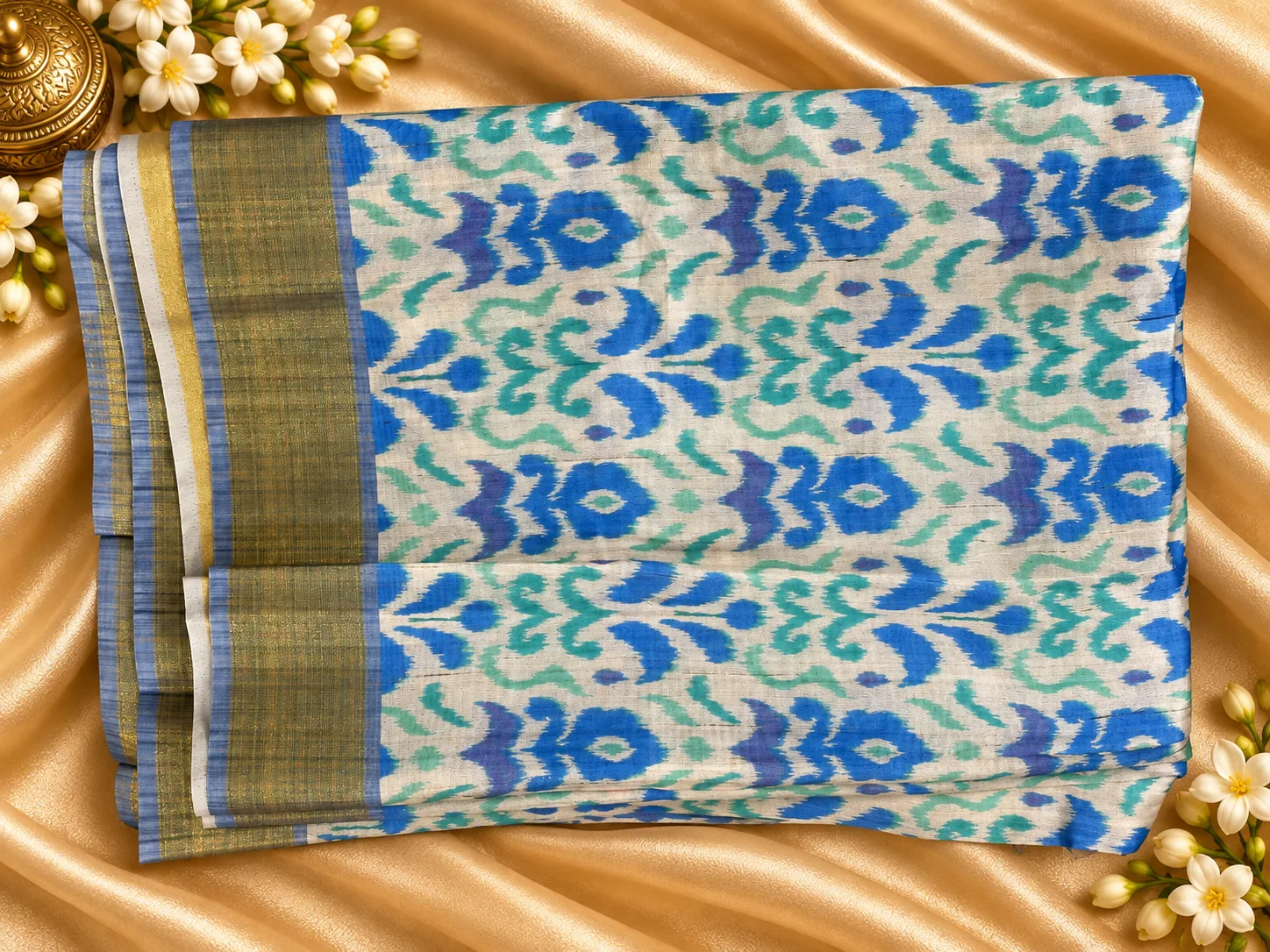 White and blue Tusser Saree, folded, with ikat-style motifs and olive border
