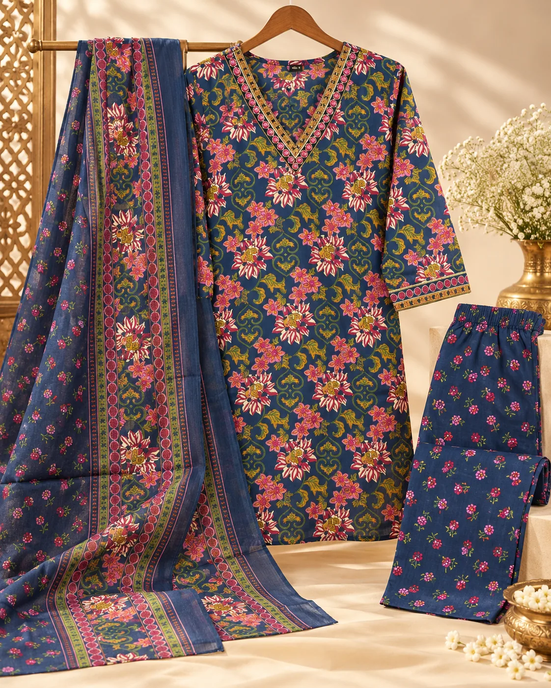 Navy Floral Mul Cotton — navy floral kurta set with dupatta and pants on a hanger