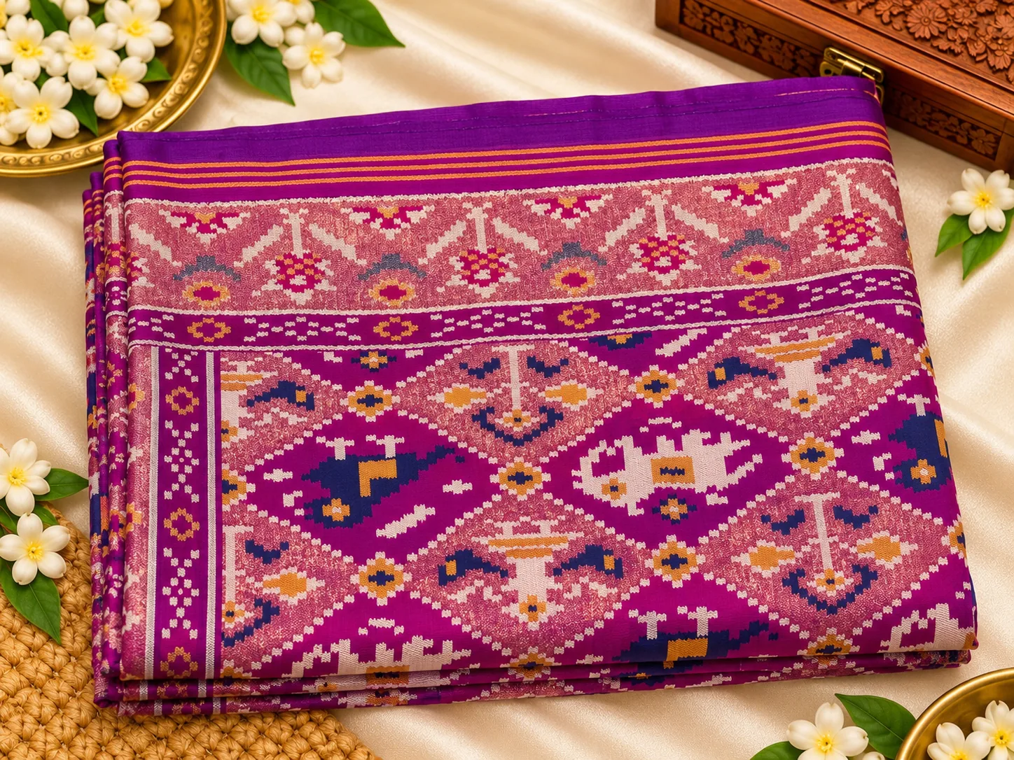 Purple Rajkot Patola saree, folded, with pink and blue ikat motifs