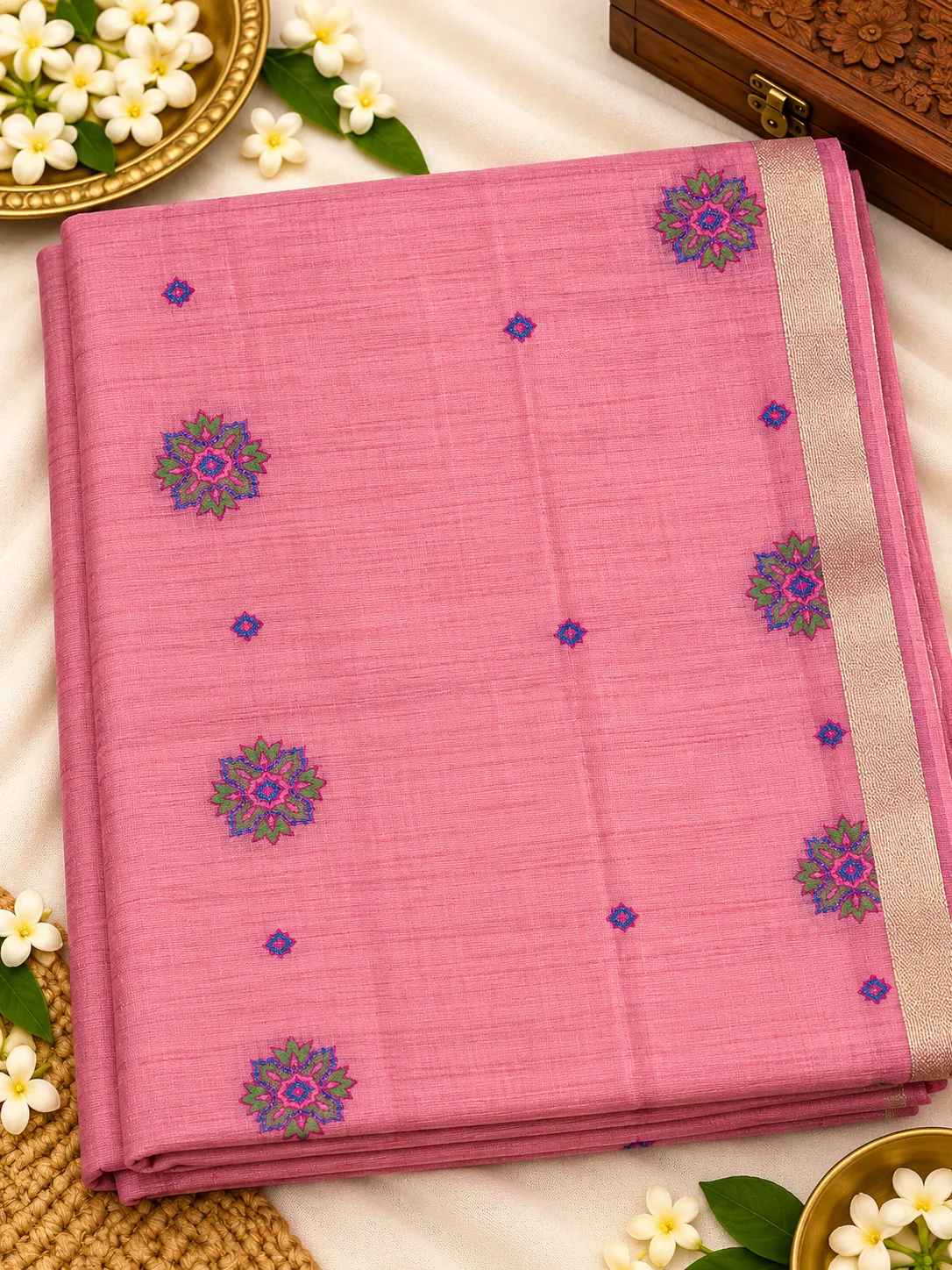 Pink Handloom Jhamdhani Cotton saree, folded, showing woven floral motifs and gold border