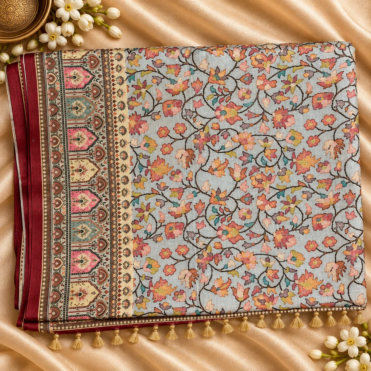 Grey floral Fancy Saree, folded, with maroon border and tassels