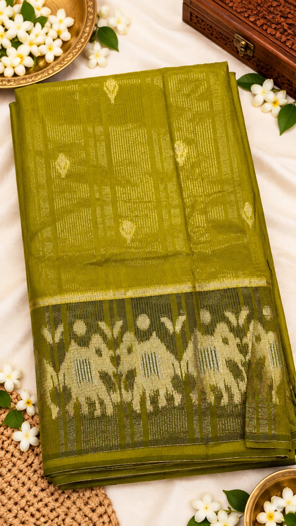 Olive green Silk Saree with woven butis and a chitti pallu of gold elephants