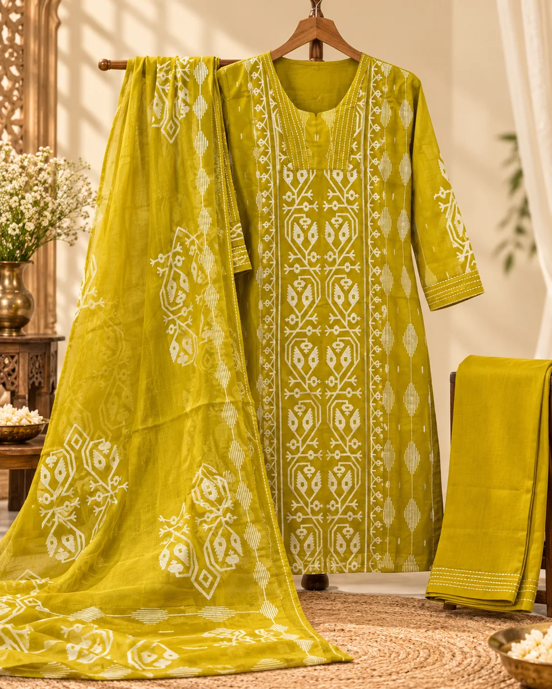 Lime Jamdani — lime green printed kurta set with dupatta on a hanger