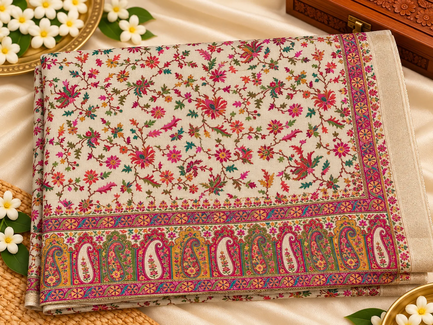 Ivory Kashmina Silk Saree, folded, with Kashmiri floral body and paisley border