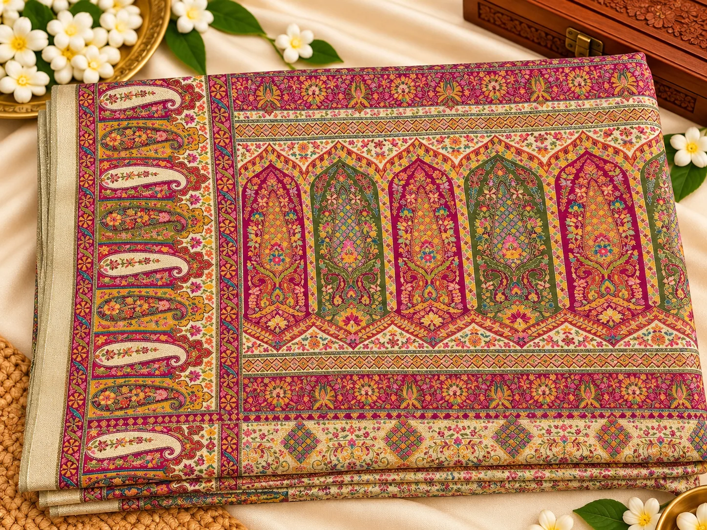 Pallu of the Kashmina silk saree with arched mehrab motifs in pink and green