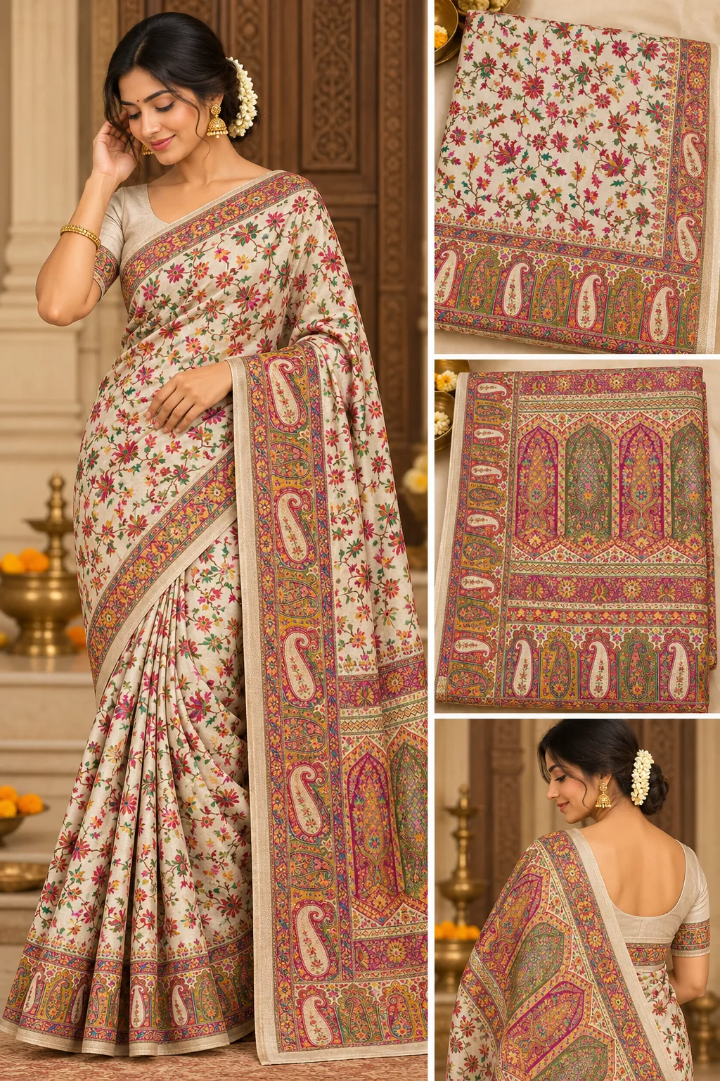 AI-generated model wearing the ivory Kashmina Silk Saree, with close-ups of the body, pallu and back
