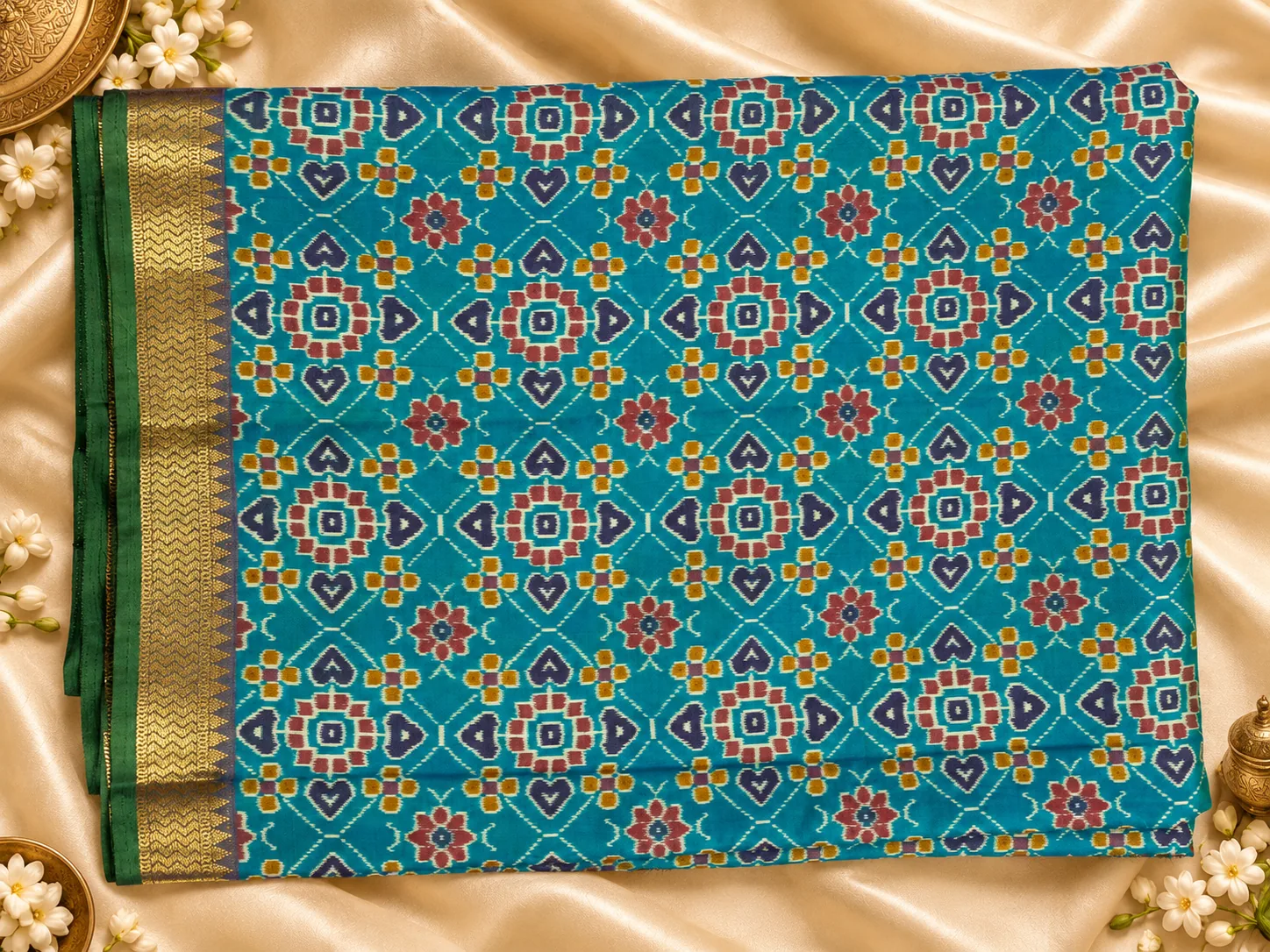 Teal Semi Patola Saree, folded, with Patola print and green zari border