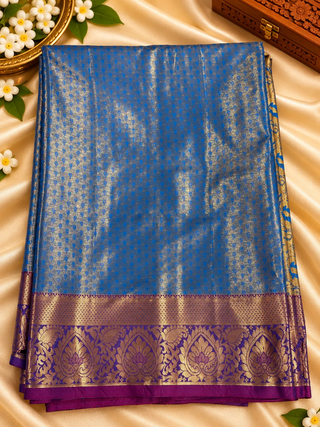 Blue blouse piece of the soft silk saree with purple and gold border