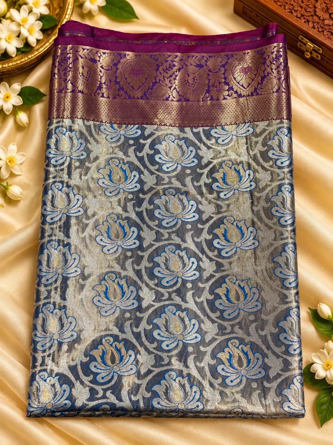 Blue Soft Silk Saree, folded, with woven floral pattern and purple border