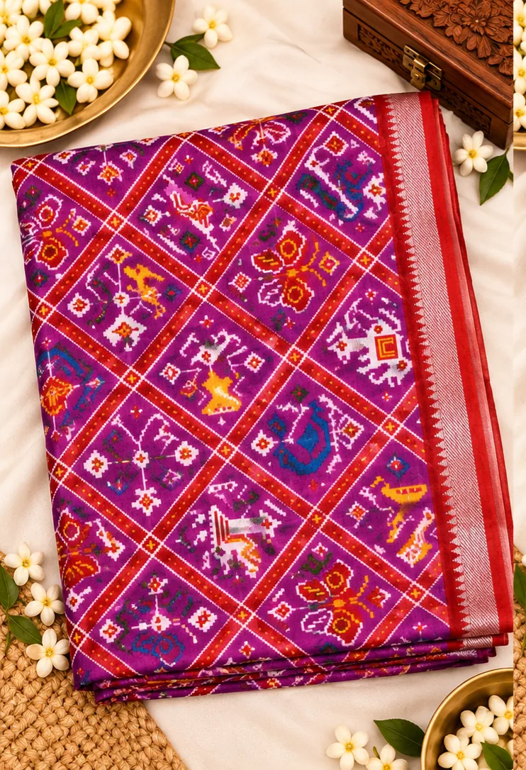 Purple Mangalagiri Patola Pattu saree, folded, with elephant and bird Patola grid and red border