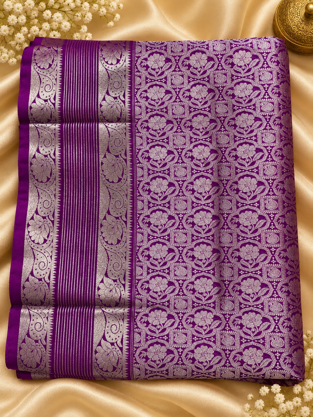 Venkatagiri Pattu Light – Purple & Lilac — purple saree with silver jaal, folded