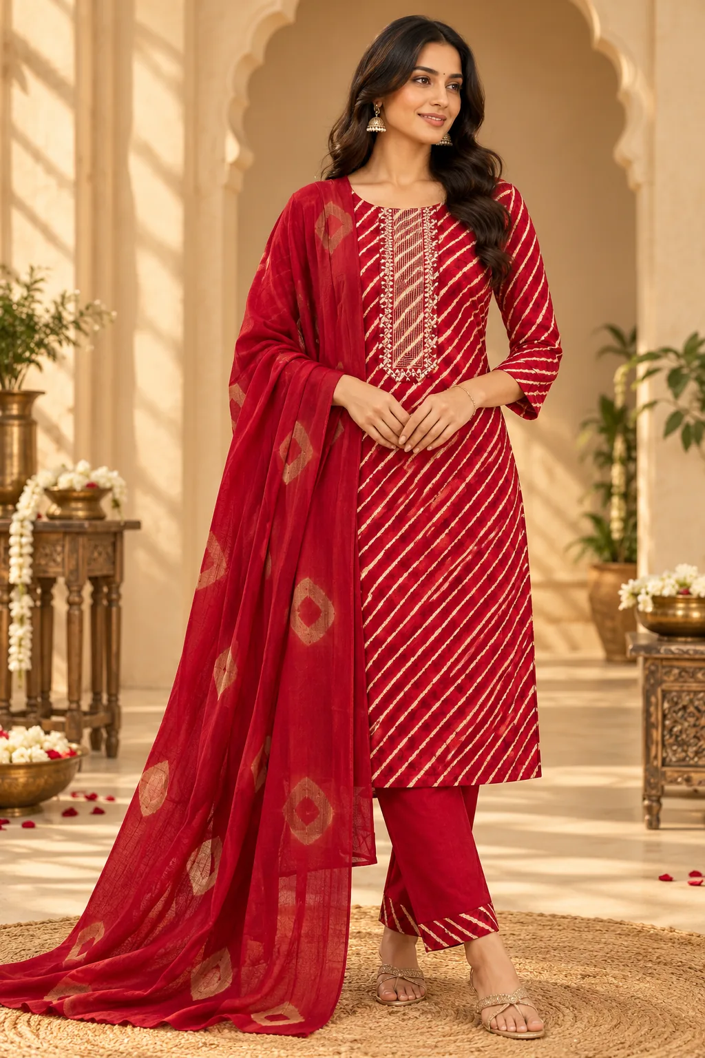 Red Silk Lahariya — AI-generated model wearing the red kurta set with dupatta