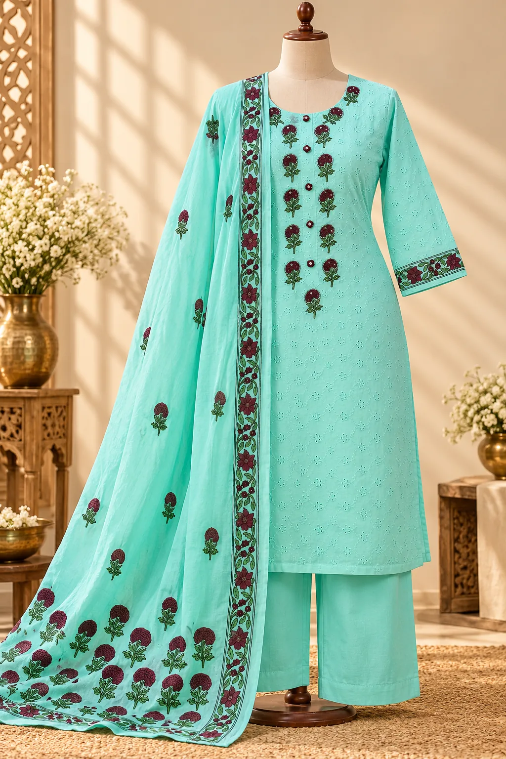 Aqua Hakoba Cotton — aqua embroidered kurta set with dupatta on a mannequin