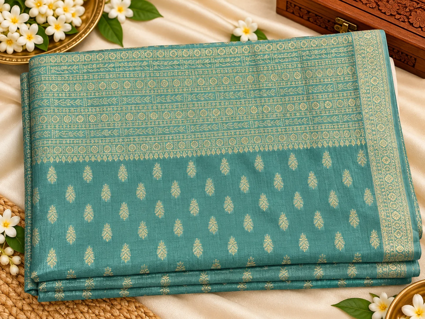 Teal Banaris Saree HO Crape, folded, showing gold zari butis and border
