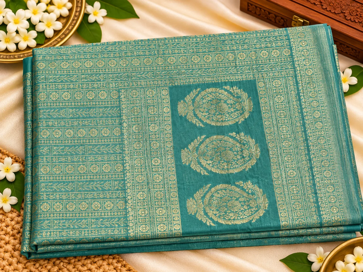 Pallu of the teal Banarasi crape saree with large woven zari medallions