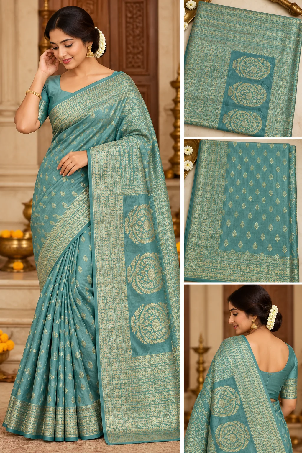 AI-generated model wearing the teal Banaris Saree HO Crape, with close-ups of the body, pallu and back