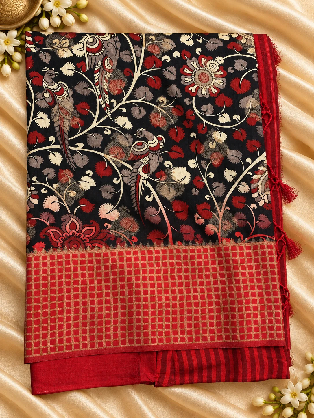 Black Kalankari Saree with Kalamkari florals and red checked border